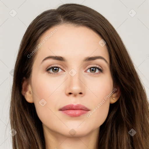 Neutral white young-adult female with long  brown hair and brown eyes