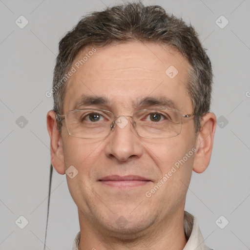 Joyful white middle-aged male with short  brown hair and brown eyes