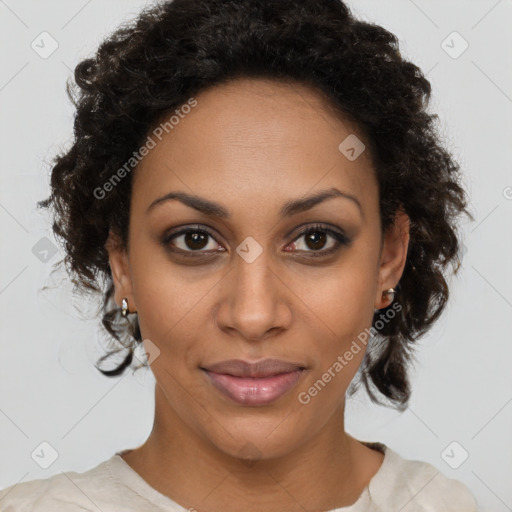 Joyful black young-adult female with medium  brown hair and brown eyes