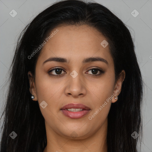 Joyful latino young-adult female with long  brown hair and brown eyes