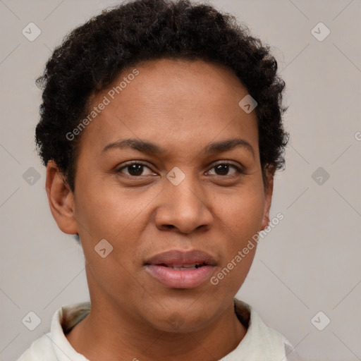 Joyful latino young-adult female with short  brown hair and brown eyes