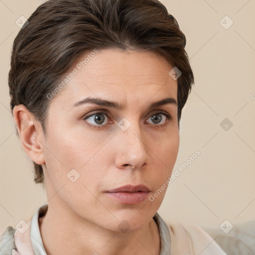 Neutral white young-adult female with short  brown hair and brown eyes