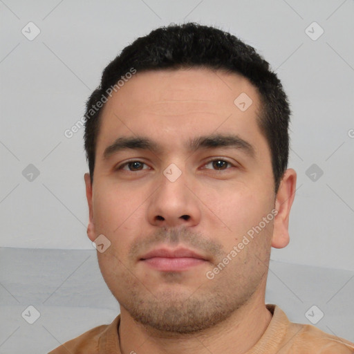 Neutral white young-adult male with short  black hair and brown eyes