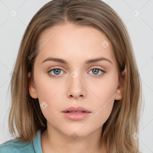 Neutral white young-adult female with long  brown hair and brown eyes