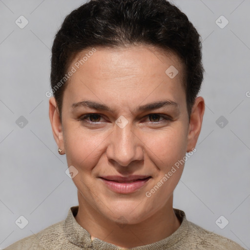 Joyful white young-adult female with short  brown hair and brown eyes