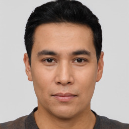 Neutral asian young-adult male with short  black hair and brown eyes