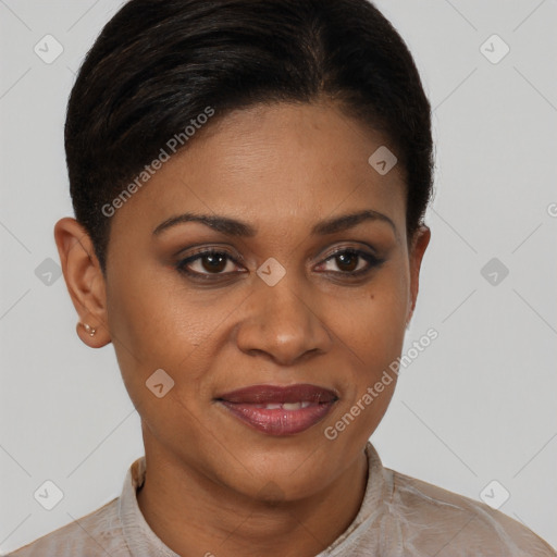 Joyful latino young-adult female with short  brown hair and brown eyes