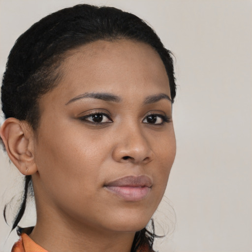 Neutral black young-adult female with short  brown hair and brown eyes