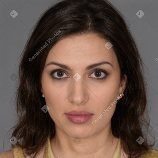 Neutral white young-adult female with medium  brown hair and brown eyes