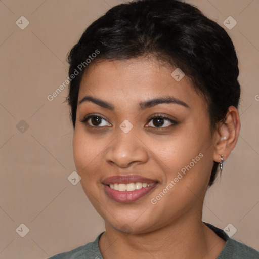 Joyful latino young-adult female with medium  brown hair and brown eyes