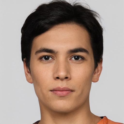Neutral white young-adult male with short  black hair and brown eyes