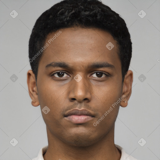 Neutral latino young-adult male with short  black hair and brown eyes