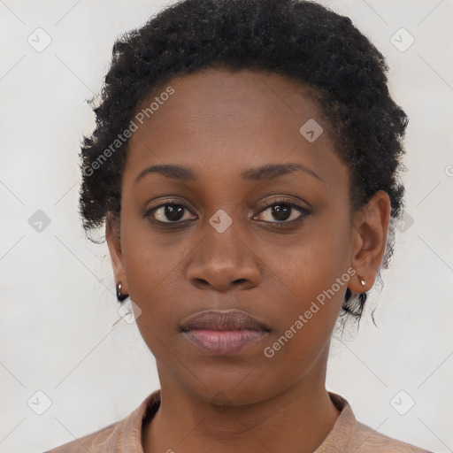 Neutral black young-adult female with short  black hair and brown eyes