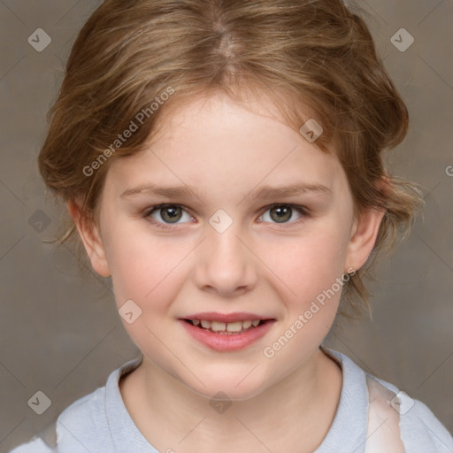 Joyful white child female with medium  brown hair and brown eyes