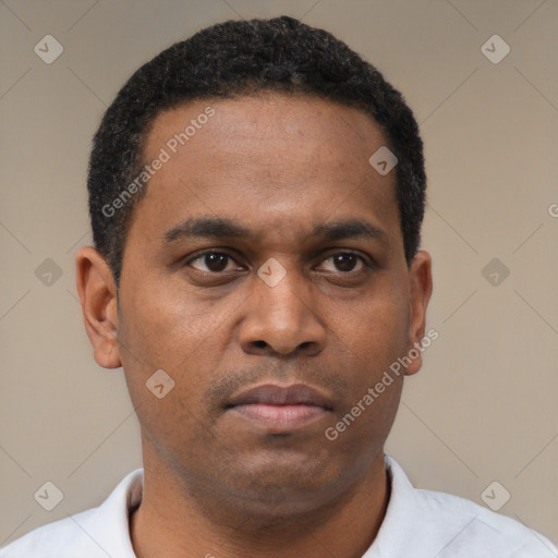Neutral latino young-adult male with short  brown hair and brown eyes