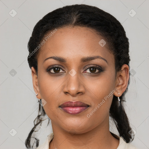 Joyful latino young-adult female with short  black hair and brown eyes