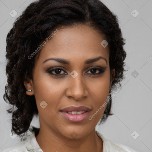 Joyful black young-adult female with medium  brown hair and brown eyes