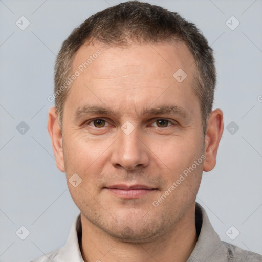 Neutral white adult male with short  brown hair and brown eyes