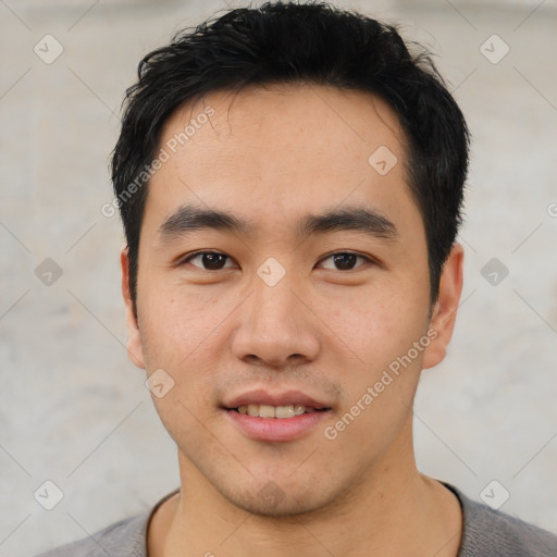 Neutral asian young-adult male with short  black hair and brown eyes