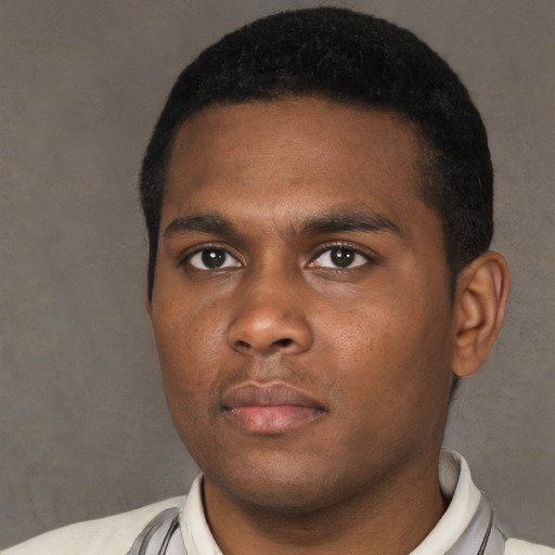 Neutral black young-adult male with short  black hair and brown eyes