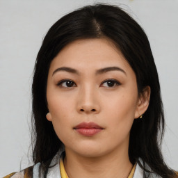 Neutral asian young-adult female with medium  black hair and brown eyes