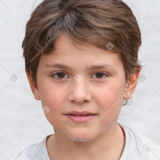 Joyful white child female with short  brown hair and brown eyes