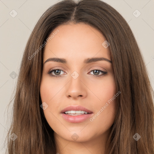 Neutral white young-adult female with long  brown hair and brown eyes