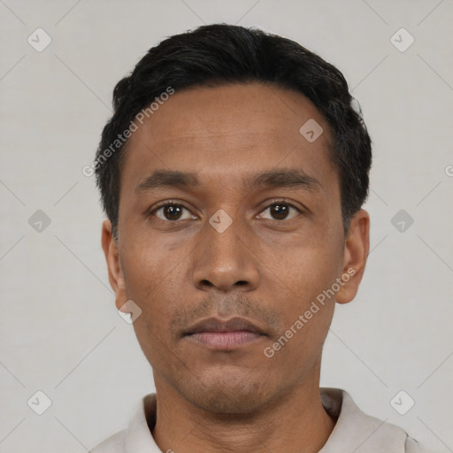 Neutral black young-adult male with short  black hair and brown eyes