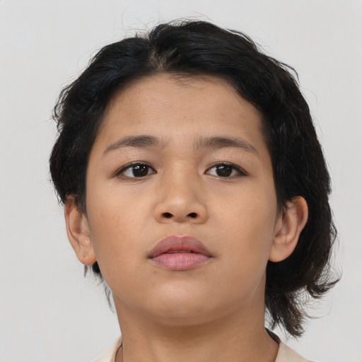 Neutral asian young-adult female with medium  brown hair and brown eyes