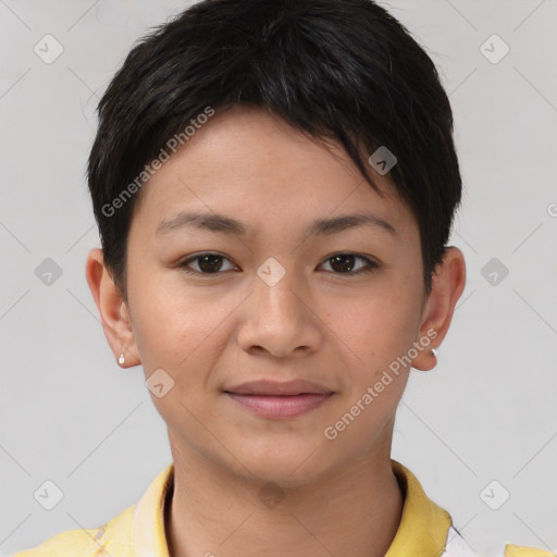 Joyful asian young-adult female with short  brown hair and brown eyes