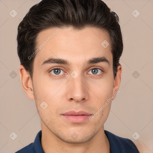 Neutral white young-adult male with short  brown hair and brown eyes