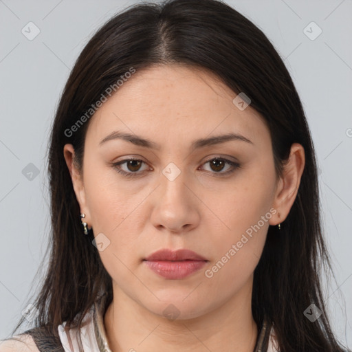 Neutral white young-adult female with long  brown hair and brown eyes