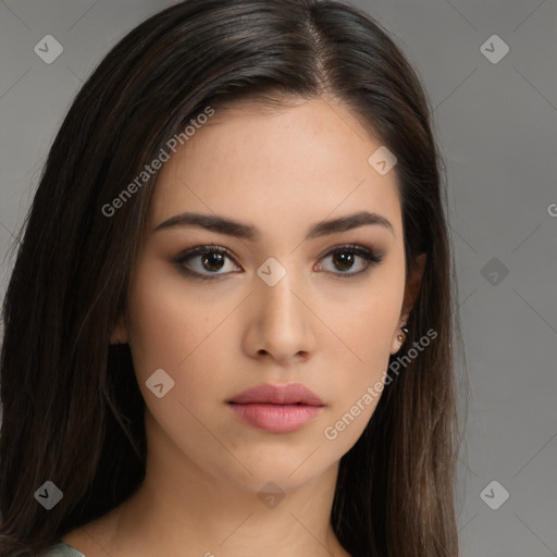 Neutral white young-adult female with long  brown hair and brown eyes