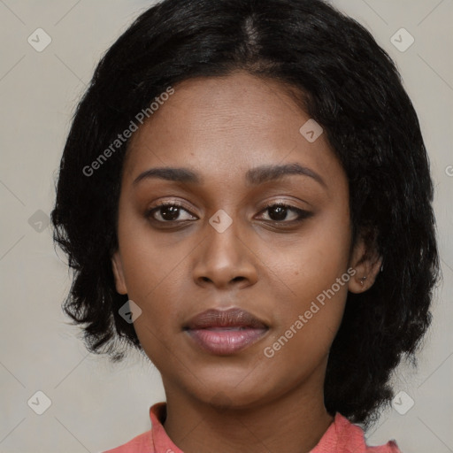 Neutral asian young-adult female with medium  black hair and brown eyes