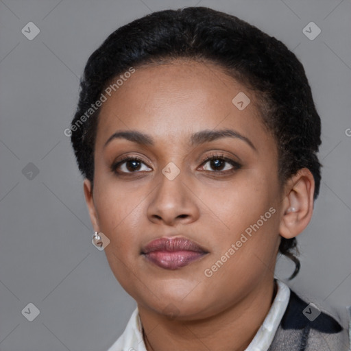 Neutral black young-adult female with short  brown hair and brown eyes