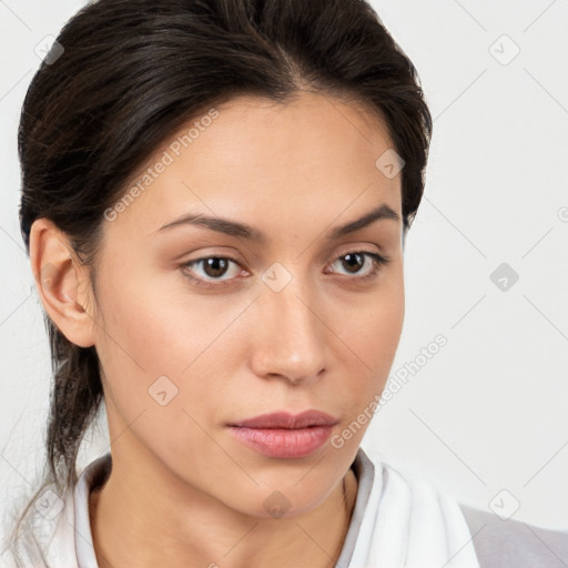 Neutral white young-adult female with medium  brown hair and brown eyes