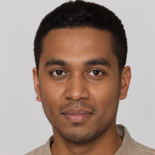 Neutral black young-adult male with short  black hair and brown eyes