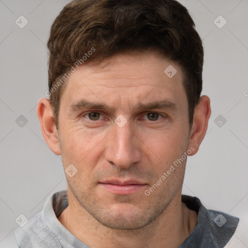 Neutral white adult male with short  brown hair and brown eyes