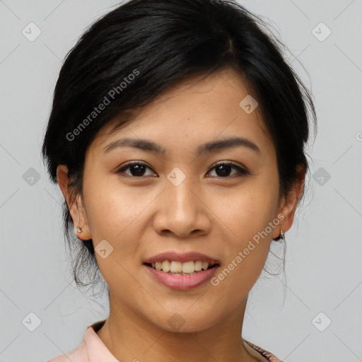 Joyful asian young-adult female with medium  black hair and brown eyes