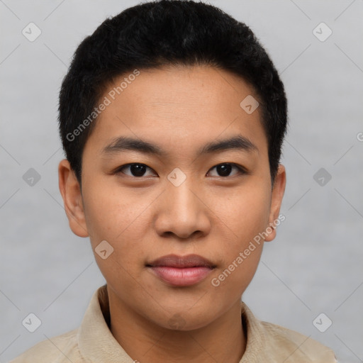 Neutral asian young-adult male with short  black hair and brown eyes