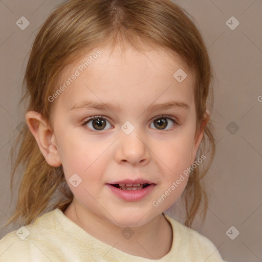 Joyful white child female with medium  brown hair and brown eyes