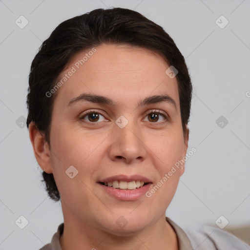 Joyful white young-adult female with short  brown hair and brown eyes