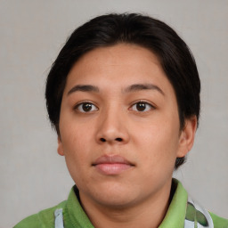 Neutral asian young-adult female with short  brown hair and brown eyes