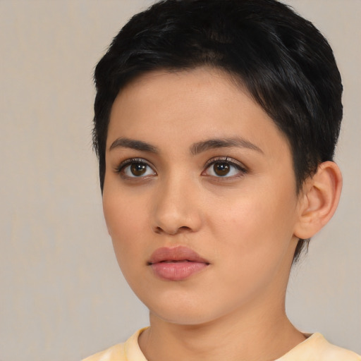 Neutral asian young-adult female with medium  black hair and brown eyes