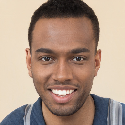 Joyful black young-adult male with short  brown hair and brown eyes