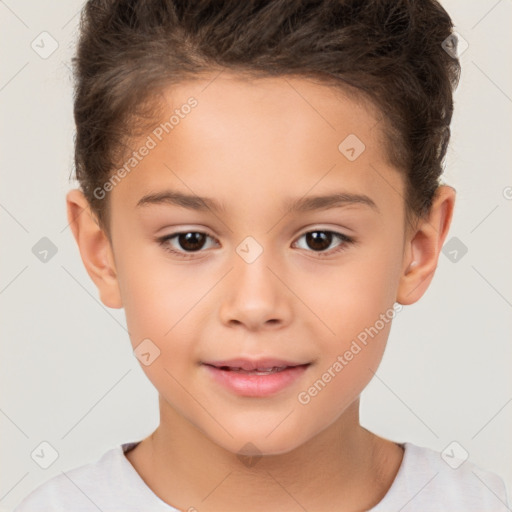 Joyful white child female with short  brown hair and brown eyes