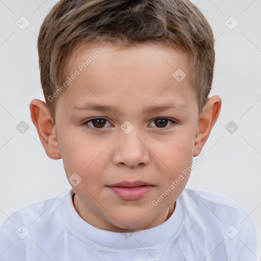 Joyful white child male with short  brown hair and brown eyes