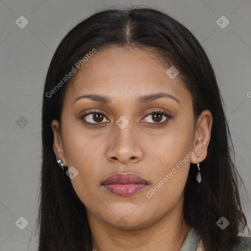 Joyful white young-adult female with long  brown hair and brown eyes