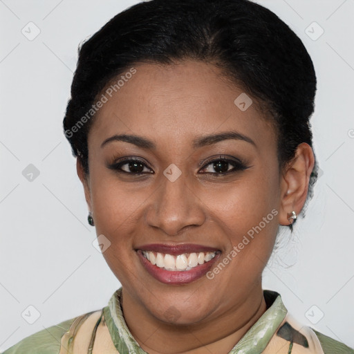 Joyful latino young-adult female with short  brown hair and brown eyes