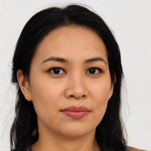 Neutral asian young-adult female with long  brown hair and brown eyes